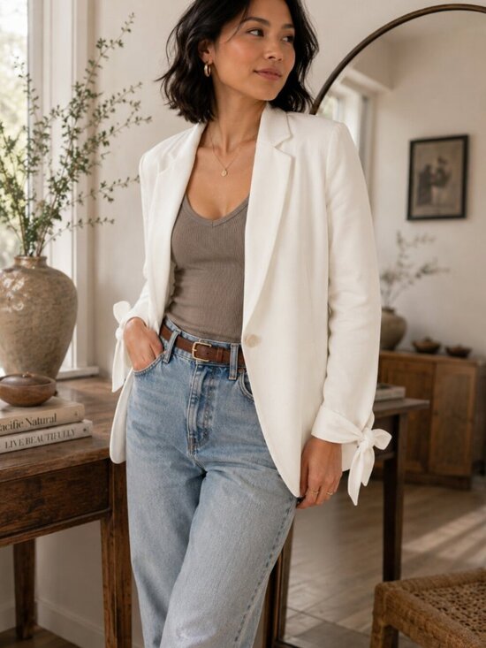 Anthropologie Jackets & Blazers - Anthropologie Cartonnier White Blazer Size 6 Tie Cuff Single Button Jacket